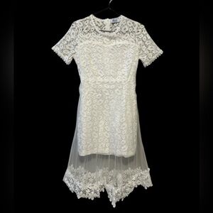 White Lace Midi Dress with Tulle Overlay